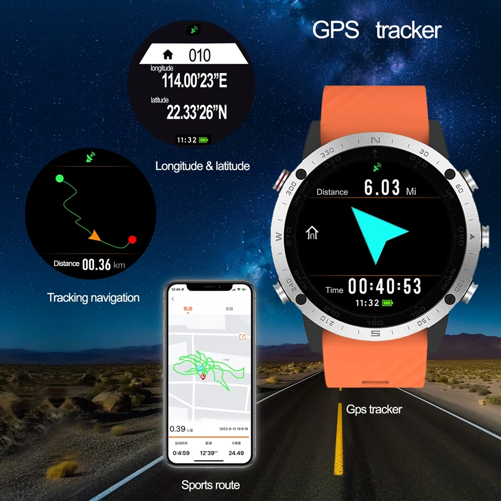 Touch Bluetooth GPS Sport Watches 50M Waterproof Outdoor Swim Climb Running Diving Fishing Heart Rate Compass Tracker Altimeter