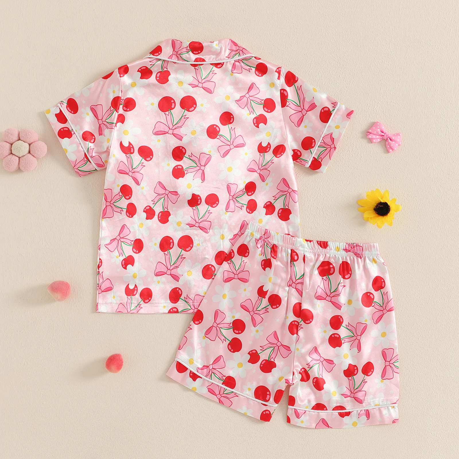 Little Girl Summer Pajama Set, Bow Berry Print Short Sleeve Button-up Tops Elastic Waist Shorts 2 Pcs Sleepwear Outfit