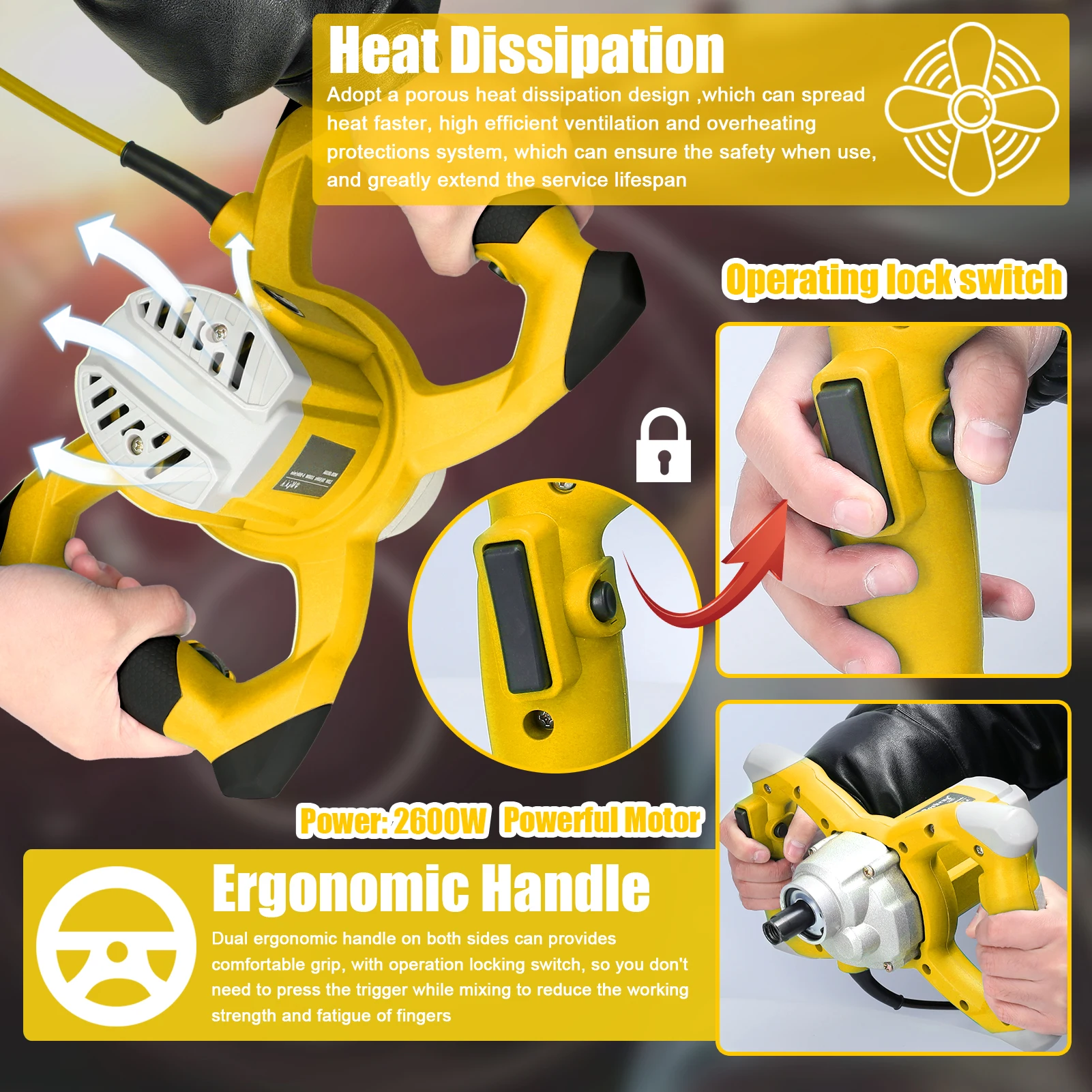 خلاط خرسانة كهربائي 2600 وات، ماكينة خلط أسمنت محمولة قابلة للتعديل بـ 6 سرعات لتحريك طلاء الجص Thinset Mortar #2