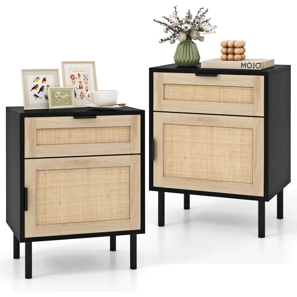 

Rattan Nightstand Set of 2, Mid Century Modern End Table with Drawer & Cabinet, Sofa Side Table with Sturdy Metal Legs, Wood Be