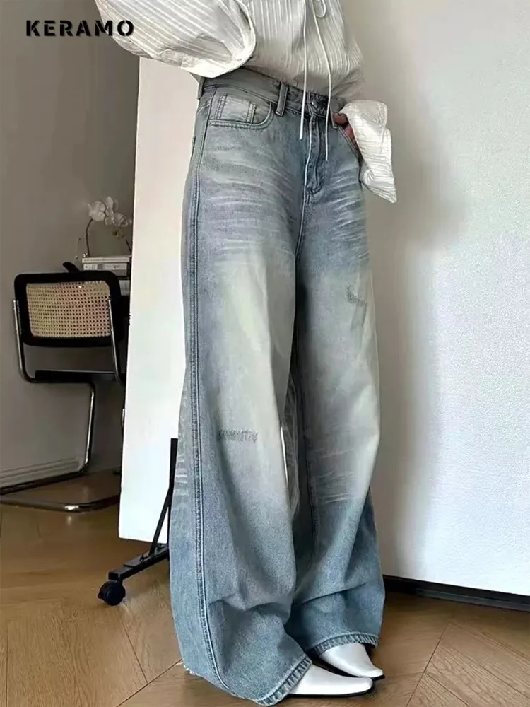 Amerikaanse Retro Hoge Taille Oversized Jeans Vrouwen Casual Baggy Pocket Y 2K Gescheurde Broek Wijde Pijpen Grunge Street Solid Denim Broek