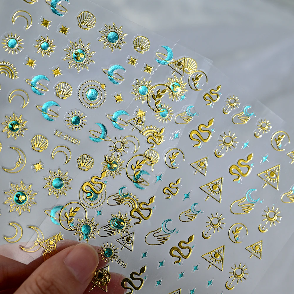 1 stks 5D Bronzing Blue Crystal Star/Zon/Maan Nail Art Sticker Metallic Boheemse Stijl Nail Decals 8*10 cm Lijm Manicure Slider