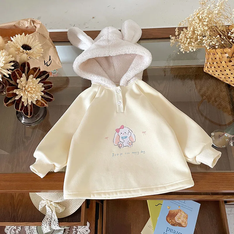 

Girls Warm Plush Hoodies Cute Fluffy Ear Hooded Long Sleeve Yellow Sweatershirt 1-6Y Kids Autumn Winter Warm Soft Tops Shirt