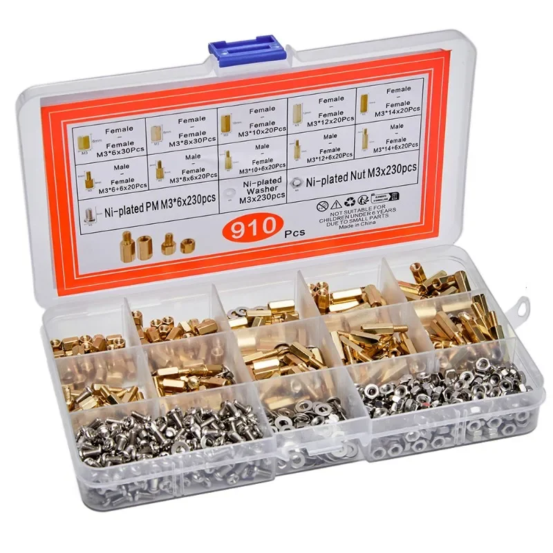 910PCS M3*6 M3*8 M3*10 M3*12 M3*14 Copper Column Inner Hexagon Copper Column Screw Box Stud Combination Sample Box