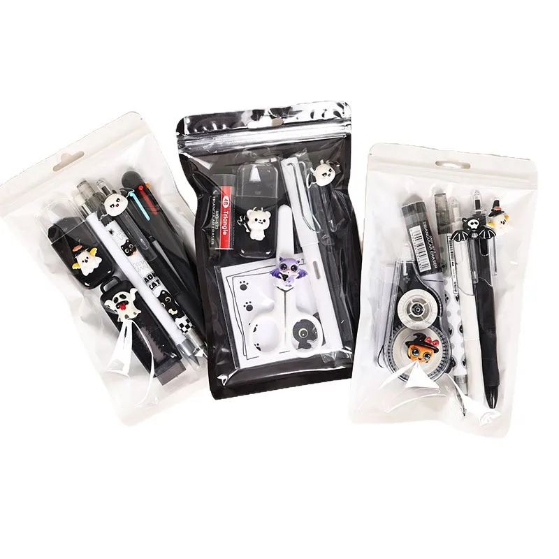Black White Halloween Stationery Kit Writing Supplies Gift Set for School Students with Pens Pencils Eraser Ruler view 6