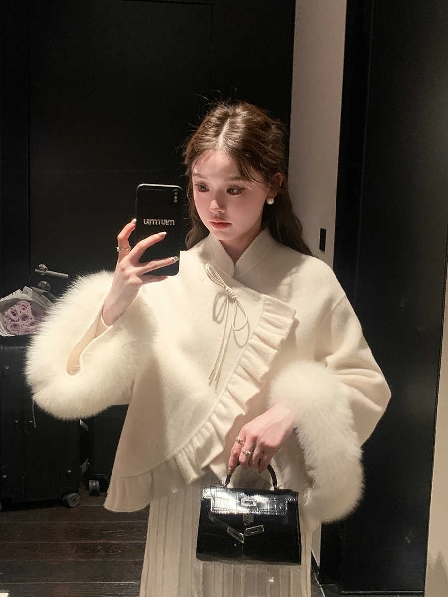 Frauen Kurze Echt Fox Pelz Woolen Blends Jacke Neue Herbst Winter Top Kleidung Dicke Warme Pelz Kaschmir Wolle Mantel Weibliche