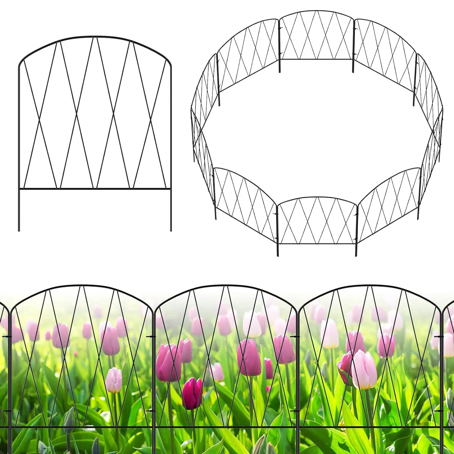 Decorative Garden Fence, 10 Pack, 11ft L x 16in H Rustproof Arched Metal Border, Animal Barrier Panel for Flower Bed & Landscape