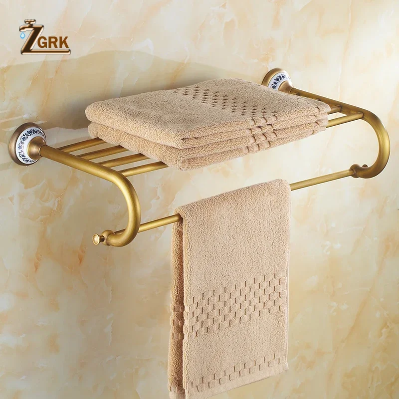 ZGRK Antique Bathroom Accessories Carved Brass Hardware Set Wall Mounted Towel Bar Paper Holder Cloth Hook Bathroom Hardware Kit