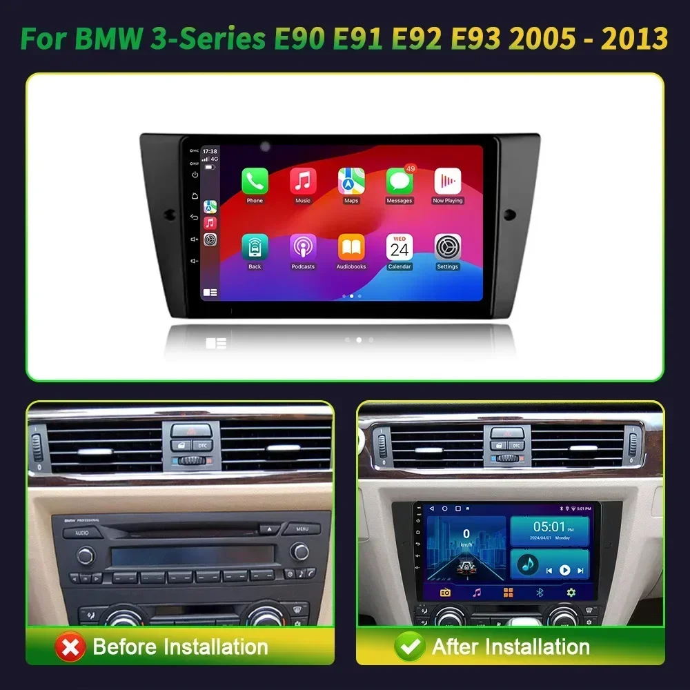 For BMW 3-Series E90 E91 E92 E93 2005-2013 Wireless CarPlay Android Auto Multimedia Navigation GPS CarPlay Radio Screen Stereo