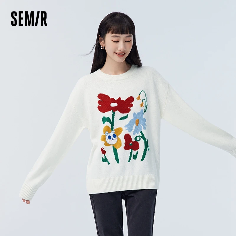 Semir Sweater Women Flower Jacquard Sweater Minority Spring Designer Series Sweet Gentle Loose Dropped Shoulder Top