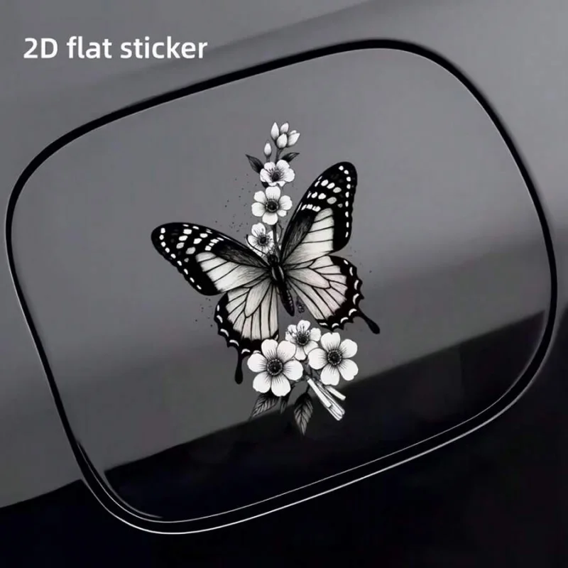 1. A 2D flat sticker for car, in black and white style, with exquisite butterfly and floral elements decorating the sticker.