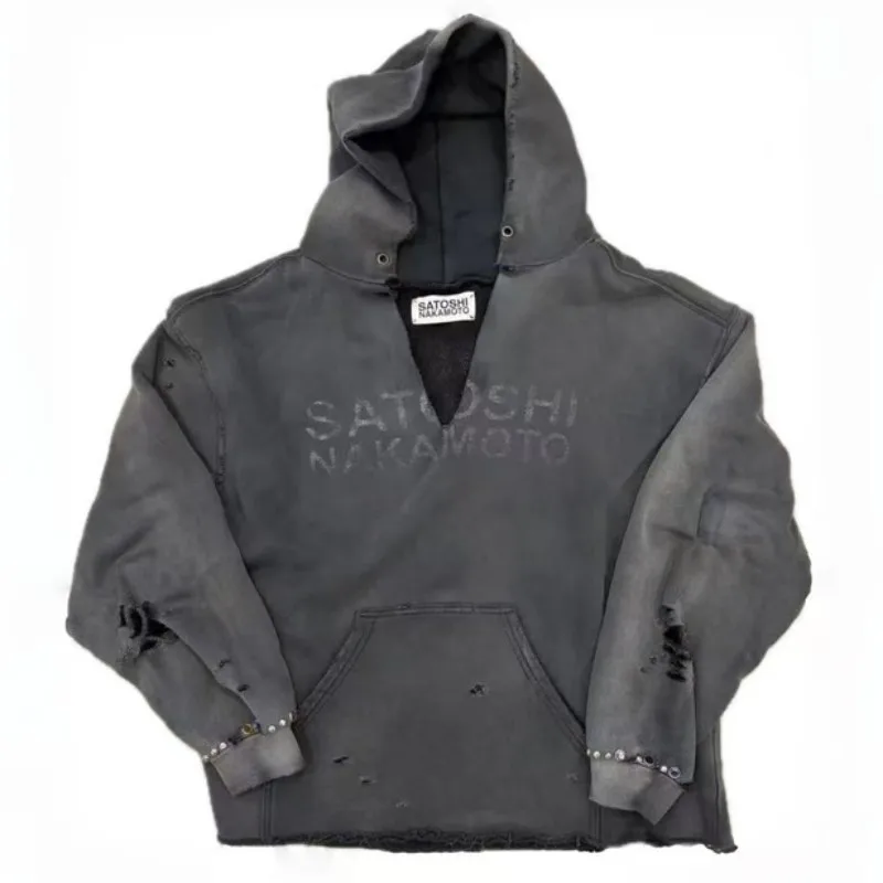 Winter Oversize SATOSHI Hoodie Retro Washed Black Destroy Collar Colorful Rivet Hood SweatshirtsMen Women Hiphop Street Outfit