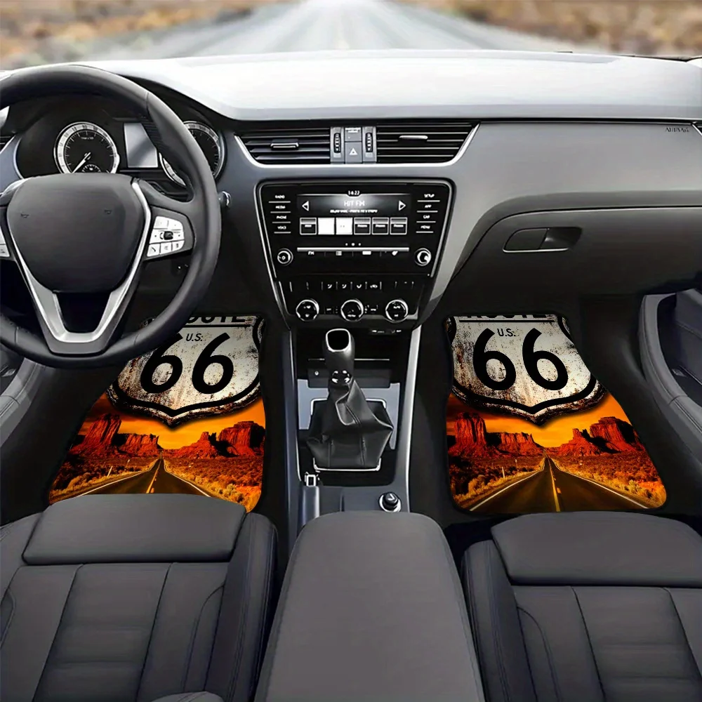 Retro Sunset 66 Road Trip Set Of Four Floor Mats | Polyester, Universal Fit For Rugged Vehicles, Showcases Off-Road Driving Styl