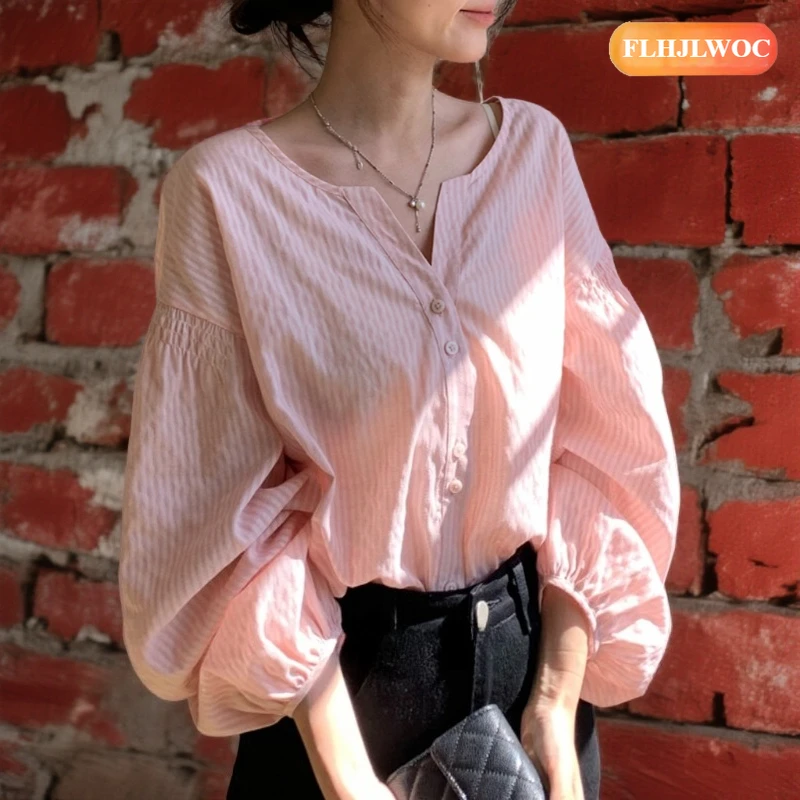 

Cotton Linen Tops Blouses New Year Cute Sweet Girls Woman Loose Casual Lantern Sleeve Chic Korea Top Retro Button Pink Shirts