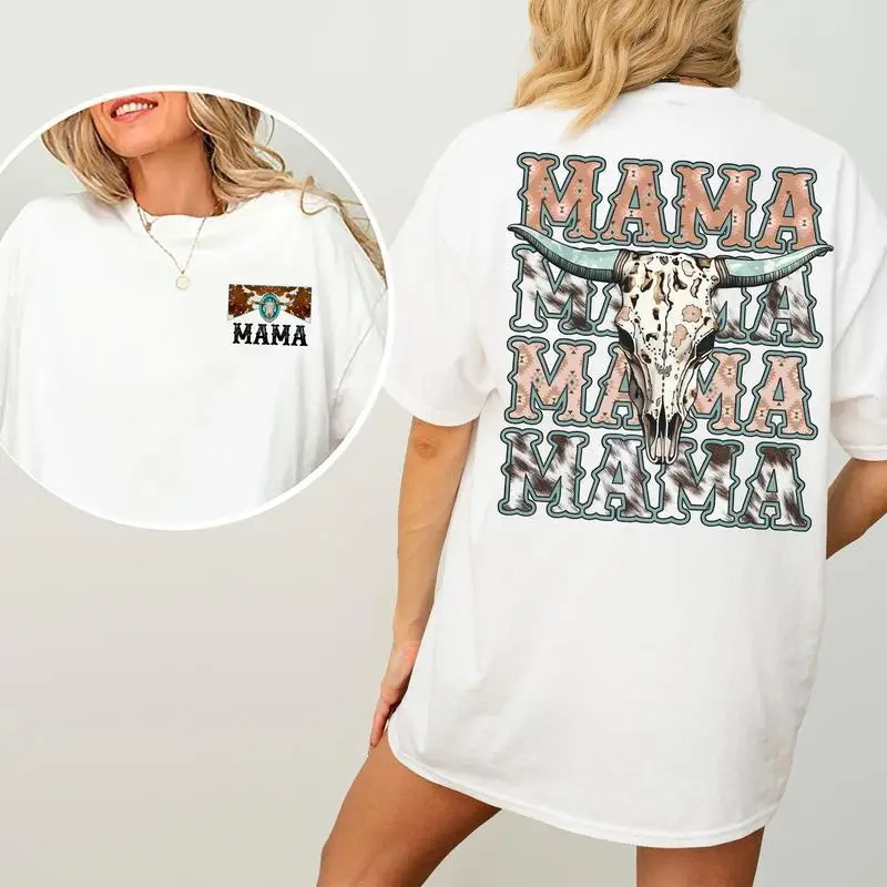 

Women's Letter Print Round Neck Tee, Western Bull Skull Mama T-shirt, Simply Printed Graphic Shirt, Daily Casual Cotton Womenswe
