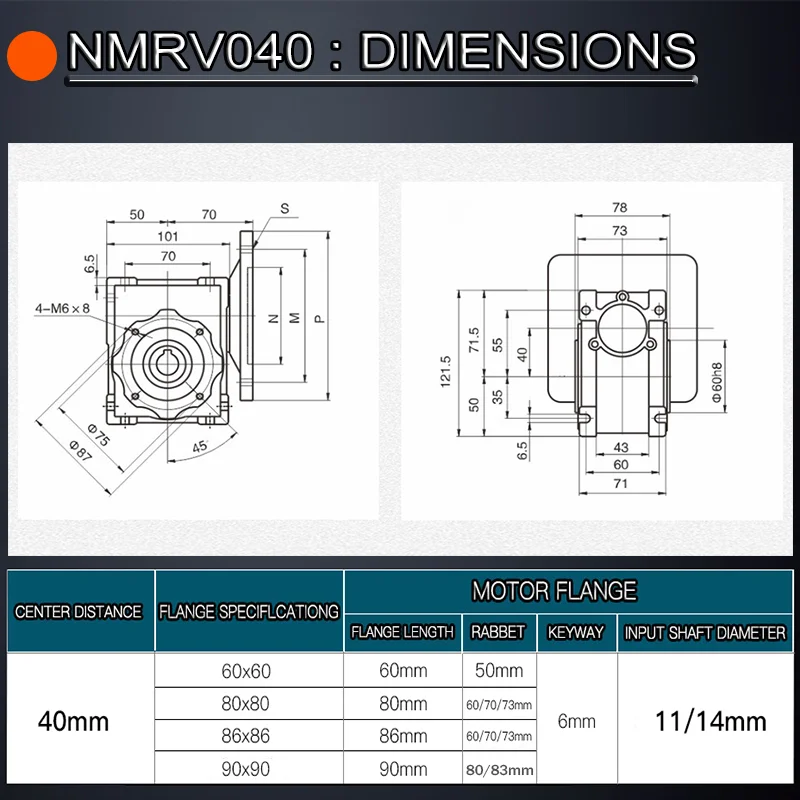 Worm Gearbox NMRV040 Reducer Gear Ratio 5:1 to 100:1 Input 14mm Output 18mm Shaft Reducer Suitable For Nema24 And Nema34 Motor