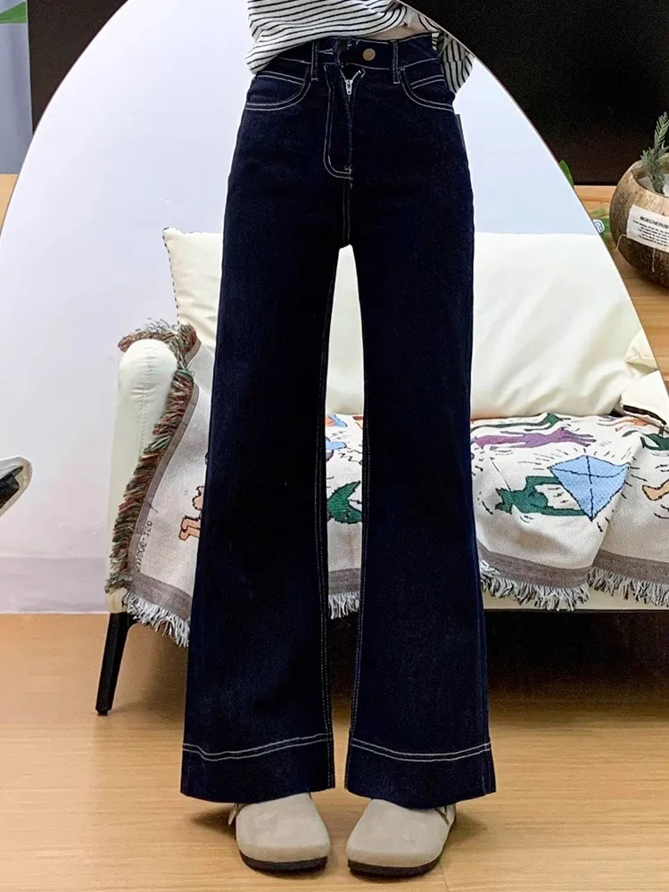 جينز نسائي فضفاض أزرق عميق بأرجل واسعة بنطلون مستقيم عالي الخصر مناسب لجسم الكمثرى مقاس كبير خريف جديد Sle #4