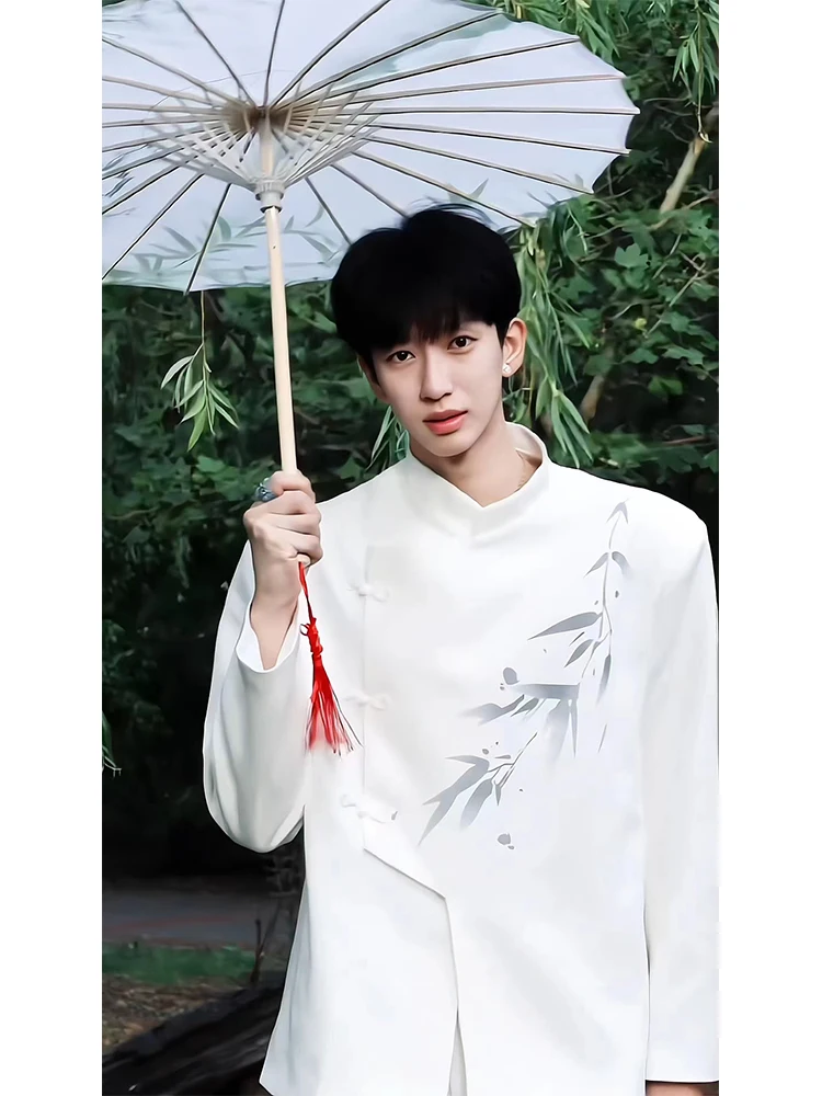 

New Chinese Style White Shoulder Padded Men's Suit Spring Autumn High End Feeling Stand Collar Zhongshan Coat Tang Coat Jacket