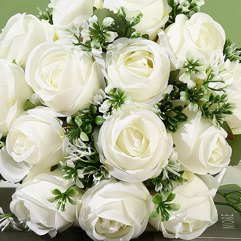 Buquê de flor artificial para madrinhas, Buquê de casamento nupcial, Rosa artificial branca, Decoração Home, 1 buquê