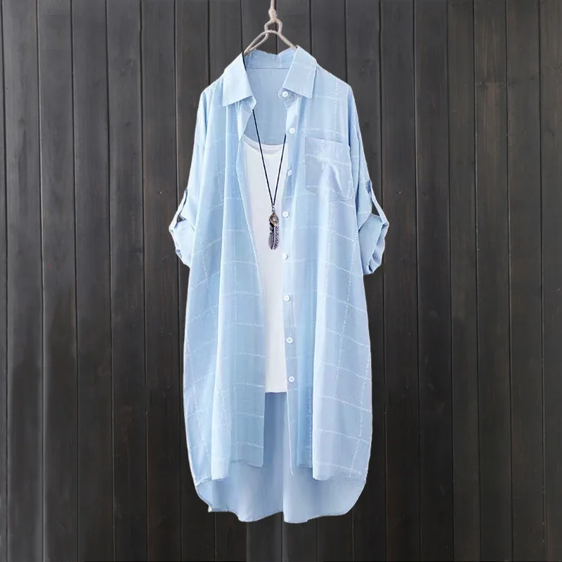 

рубашка для женщин на осень, солнцезащитная одежда, тонкое пальто, модная клетчатая рубашка, свободный кардиган спереди, короткий сзади, длинный топ