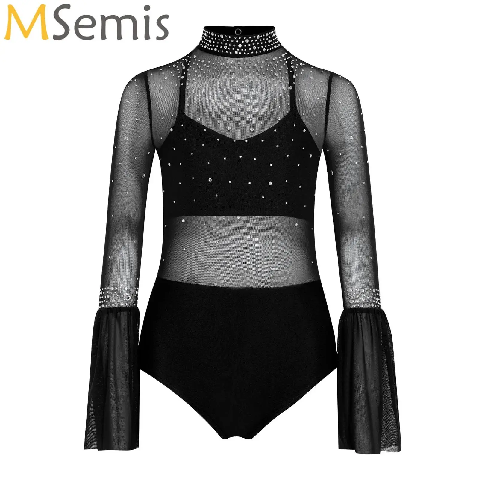 

Kids Girls Sheer Mesh Patchwork Leotard Shiny Rhinestone Bodysuit Dancewear for Gymnastics Figure Skating Ballet Dance Practice