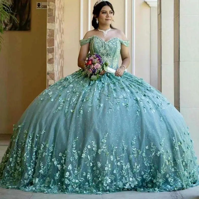 Mintgrüne, glänzende Quinceanera-Kleider, schulterfrei, Pailletten, Applikationen, Spitze, Blumenperlen, Tüll, Schnürung, Vestido De 15 Anos, süß