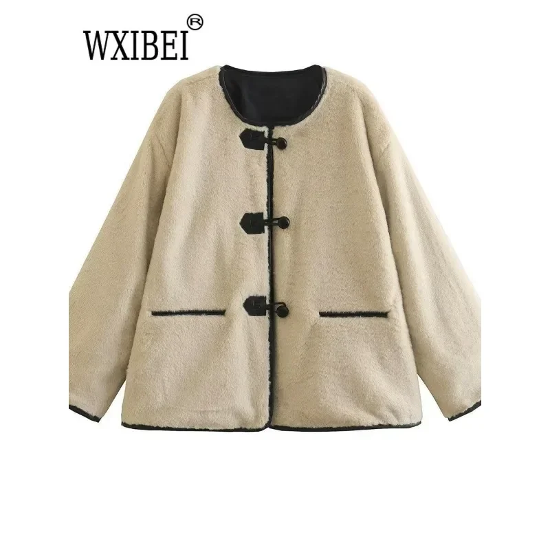 Patchwork Lamb Wool Coat for Women, Chic Bull Horn Buckle, Long Sleeve Loose Jacket, Warm Outerwear, Autumn Fashion, 2024