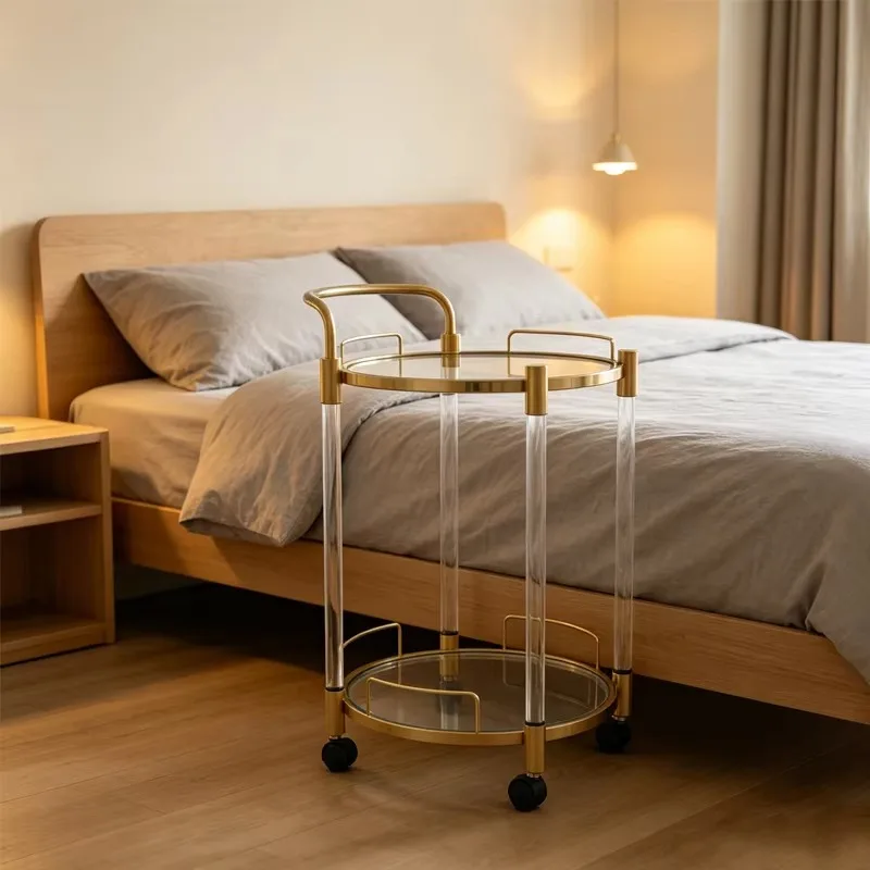 Luxury Golden Acrylic Bar Cart with Handle, Round 2-Shelf Serving Trolley with Gold Frame for Hotel Room Service,Banquet Hall
