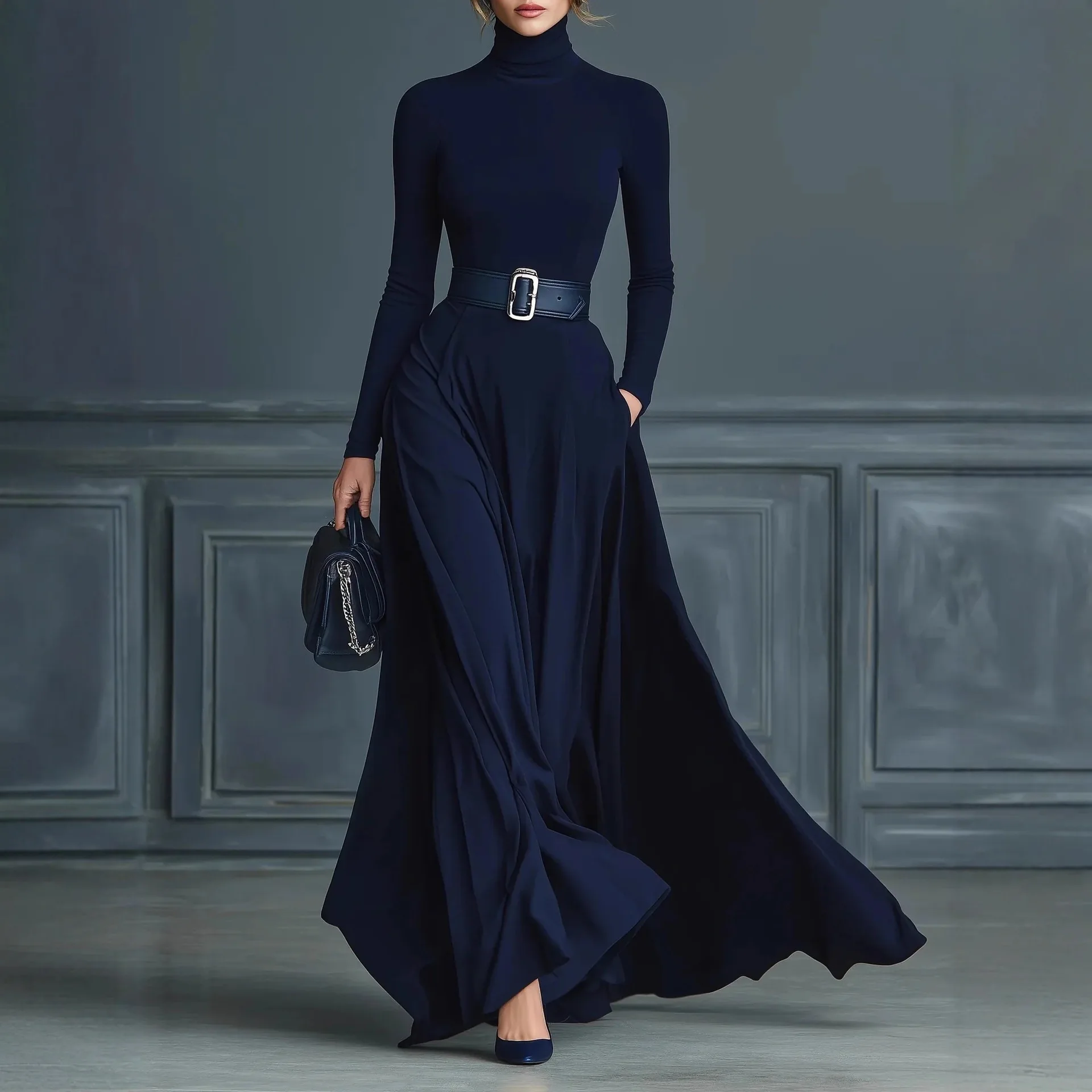Herbst Neue Frauen Elegante Einfarbig Rollkragen Maxi Kleid Langarm Büro Party Abendkleid Tasche Maxi Kleid Gürtel