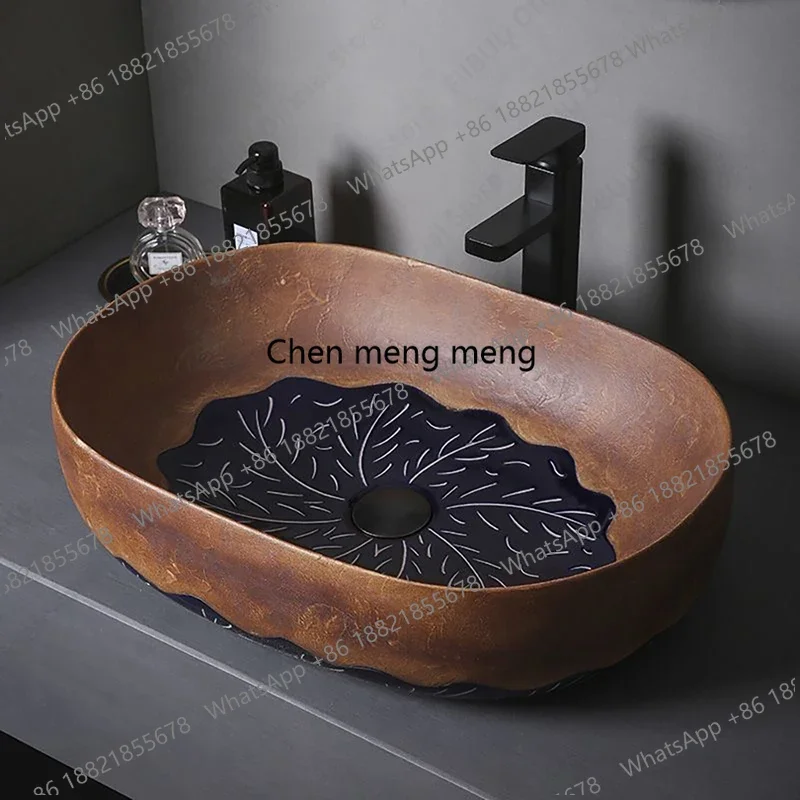 Ceramic Table Sink Bathroom Balcony Lavatory Vanity Sink Above Counter Wash Basin Countertop Vessel Sink Brown Art Basin Bowl