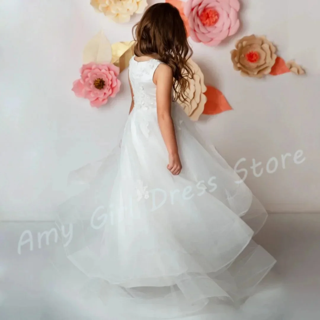 Customized Elegant Ivory Flower Girl Dress For Wedding Tulle Appliques Kids First Communion Bridesmaid Birthday Party Ball Gown