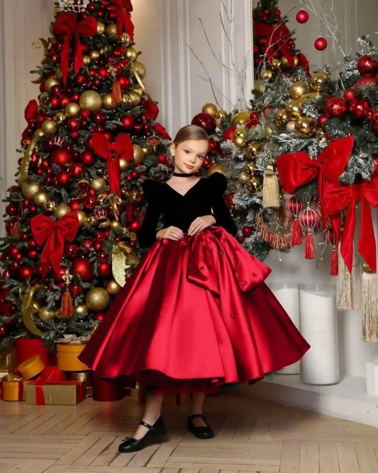 مخصص الزمرد الأخضر المخملية الساتان زهرة فتاة فستان أول عيد الميلاد حفل زفاف القوس مزين ثوب أطفال Fساتين اطفال #5