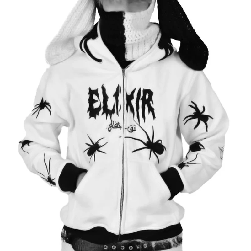 Punk Gothic Rhinestone Long-sleeved Loose Women's Hoodie Y2k Retro Harajuku Hip-hop High Street Bling Zipper Jacket Sweatshirt