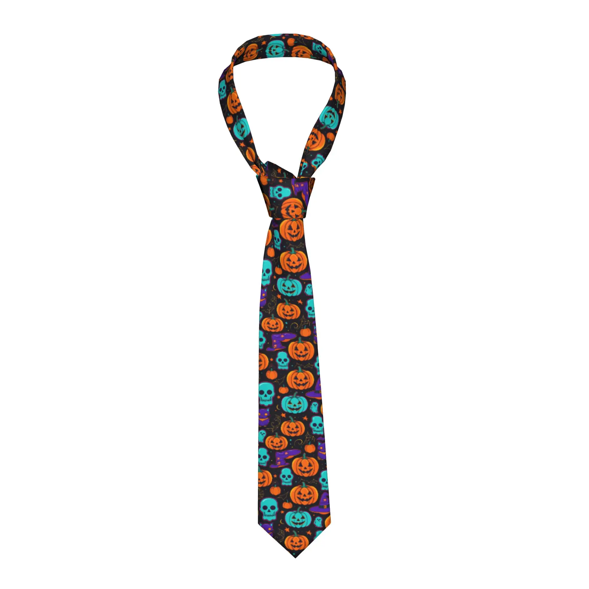 Halloween Skull Cat Witch Hat Pumpkin Ghost Seamless Pattern Tie  Printed Neck Ties Kawaii Funny Collar Tie Necktie Accessories