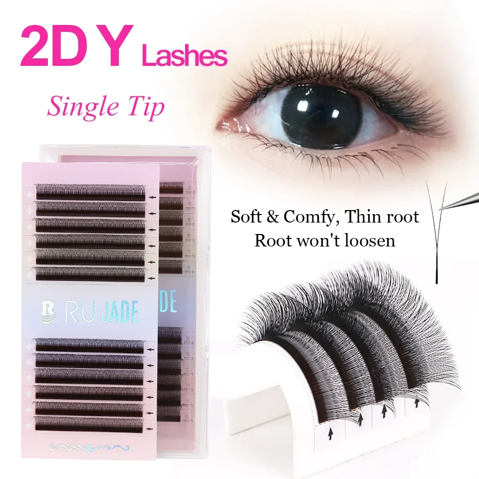 RUJADE NEW 2D Volume Lashes Ultra-thin Y Lash Lightweight Premade Fans Eyelash Extensions Mesh Net Cross Single Tip 2D Y Lashes