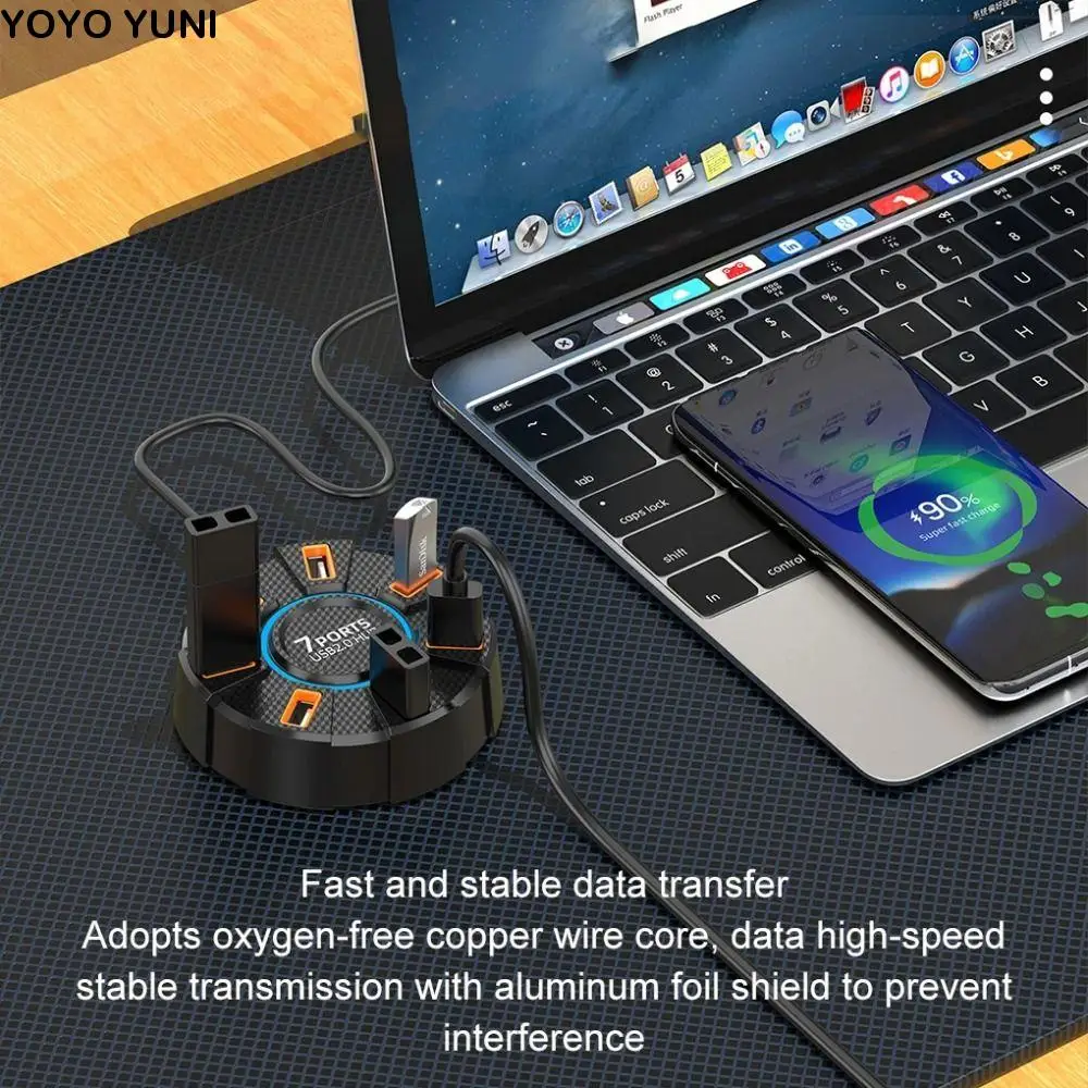 

RGB Backlight 7 Ports Multiple Expander USB Splitter Extend USB 2.0 Hub 1 in 7 Connector Multi Splitter Adapter