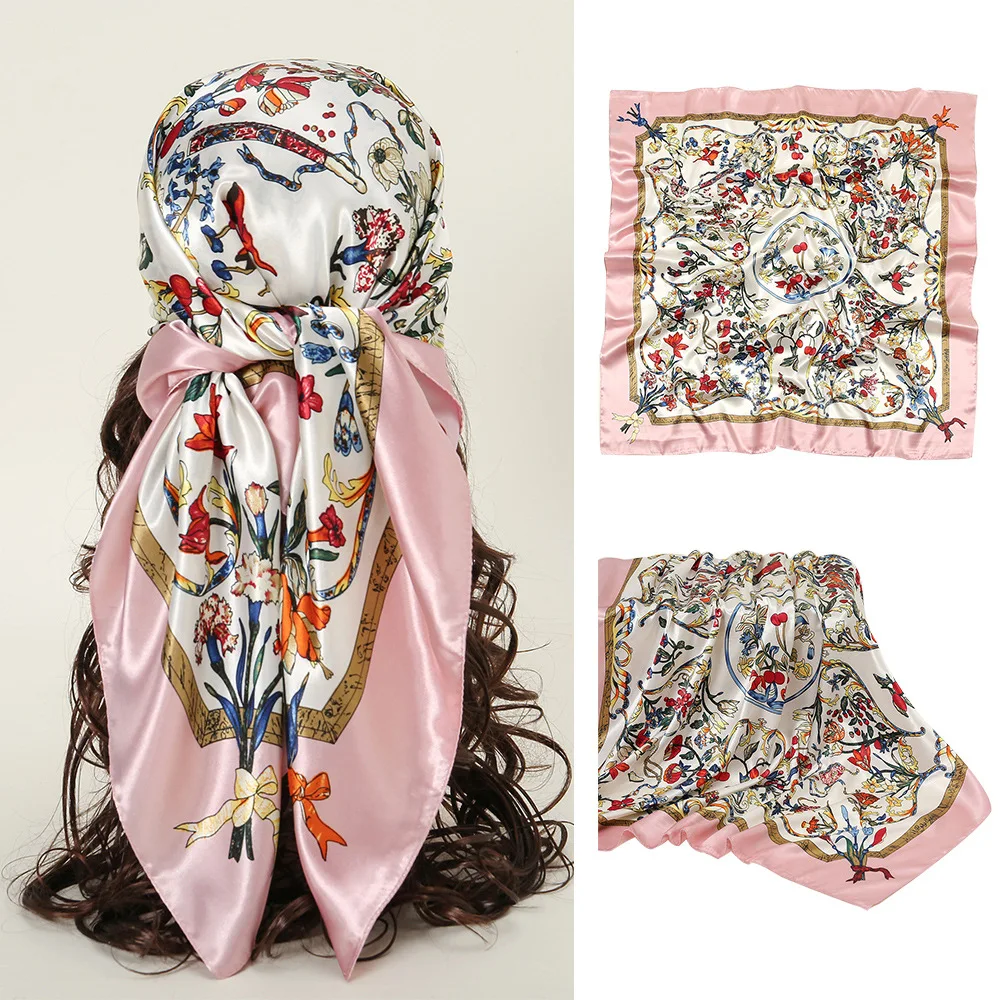 90*90cm Square Silk Scarf Women Print Scarves Satin Shawl Wrap Hijab Female Headband Bandana Foulard Neckerchief