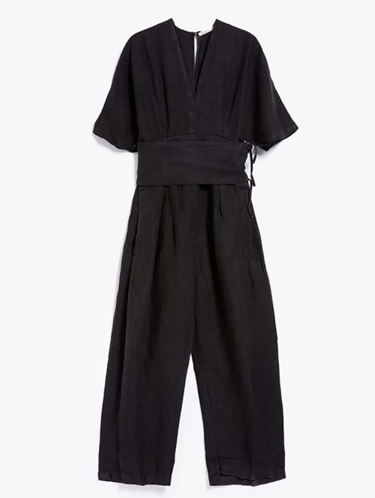 Cotton Linen Short Sleeve Women Jumpsuit Summer Causal Solid V-Neck Belt Straight Leg Jumpsuits Versatile Loose Bodysuit