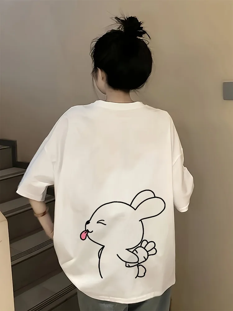 Japanese and Korean Style Women's Short-sleeved T-shirt with Cute Cartoon Rabbit Print Round Neck Casual and Simple Design