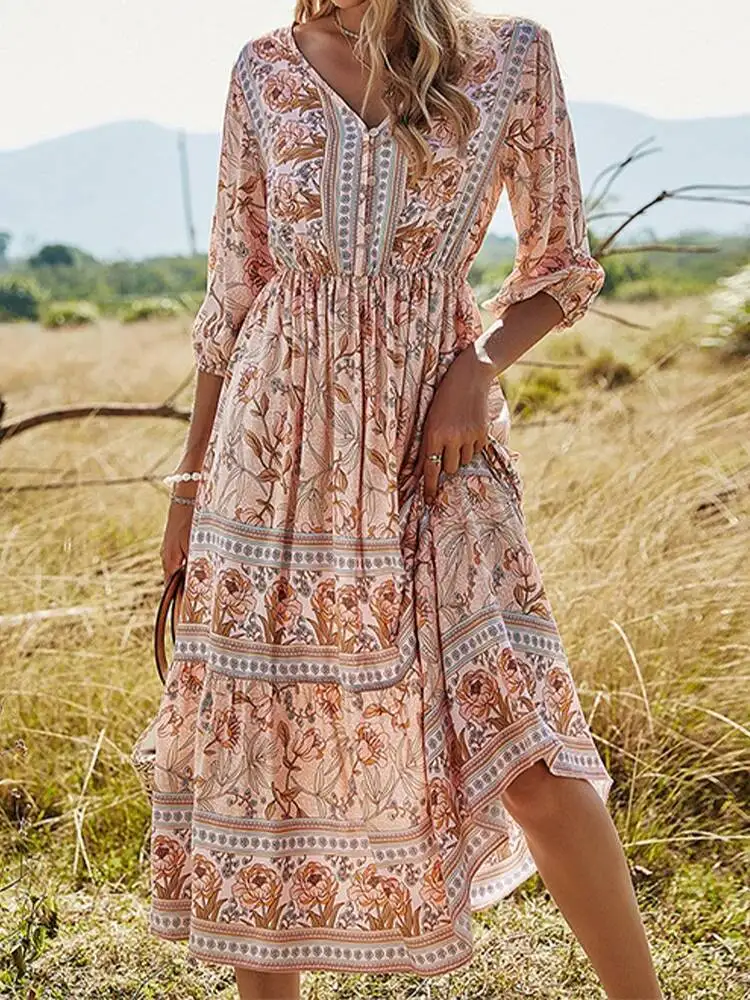 Estate Boho lungo donna moda stampa scollo a V mezza manica abito in cotone elegante casual abiti da spiaggia a vita alta abiti