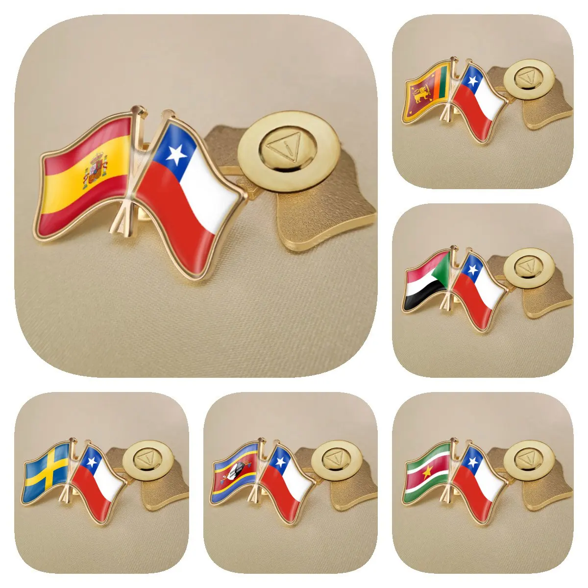 Chile and Spain Sri Lanka Sudan Suriname Swaziland Sweden Double Crossed Friendship Brooches Flags Lapel Pins Badges