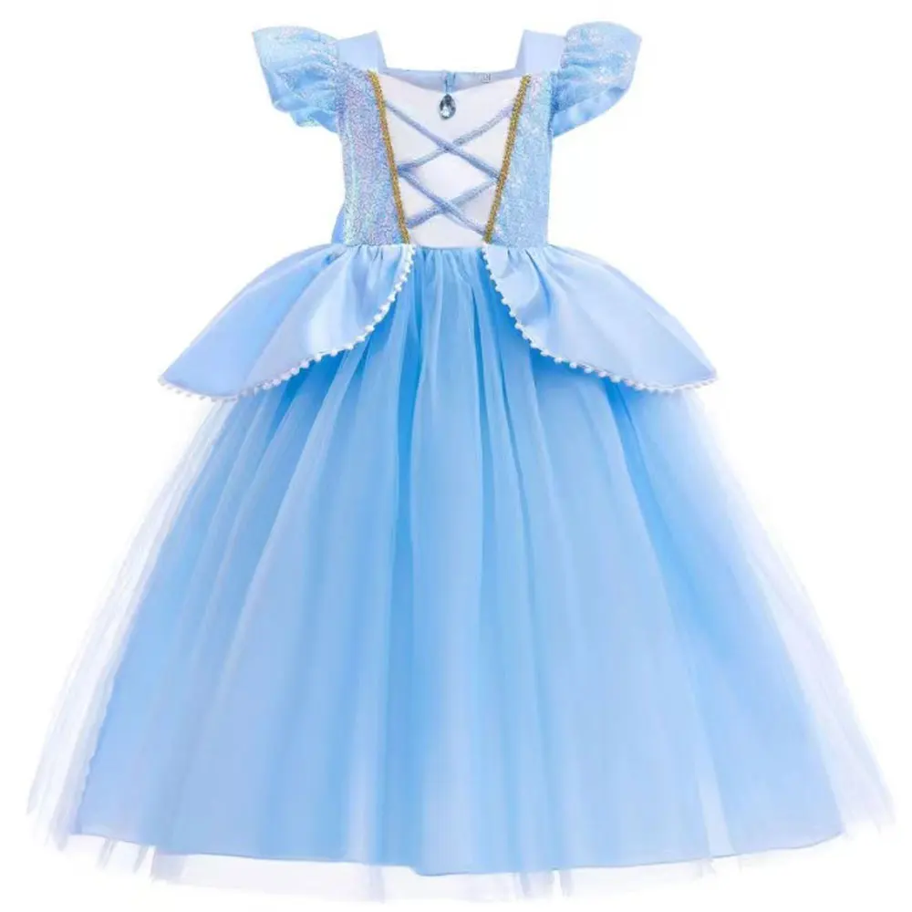 Disney Cinderella Princess Dress para meninas, fantasia de cosplay, roupas azuis, lantejoulas, festa de aniversário, vestido de baile de 2 a 10 anos