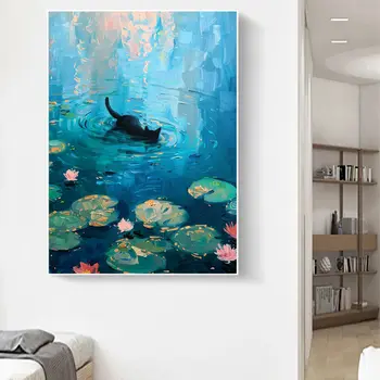 復古可愛黑貓蓮花風景油畫,莫內風格,海報和印刷品,客廳裝飾牆畫 10 最佳銷售 景觀設計 - №10