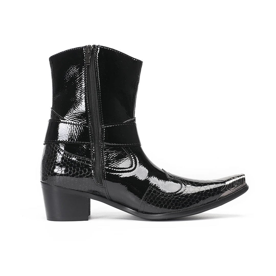 Handmade Black Western Cowboy Boots Men's Mid Calf Zipper Men's High Heels Pointed Boots