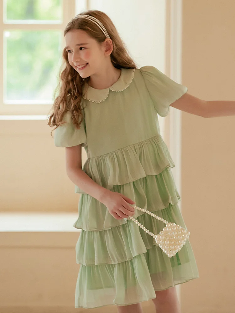 Baby Girls Dresses Short Puff Sleeve Light Green Fashion Princess Clothing 2022 Summer 3T 12T Prom Party Bridesmaid Kawaii Dress