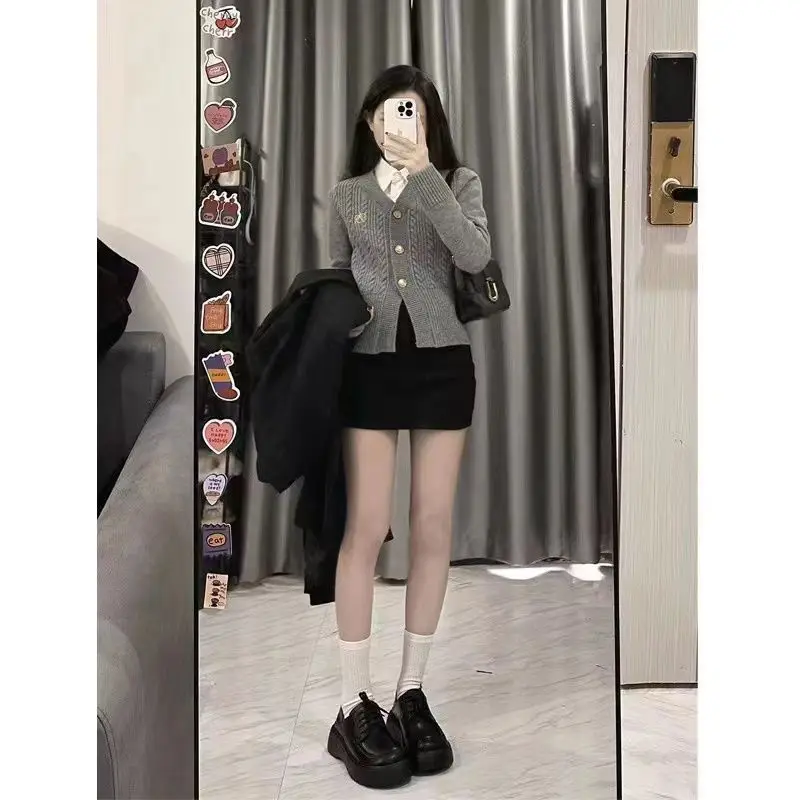 Spring New College Style Jumper Cardigan Suit Skirt Female Korean Campus Top Small Short Skirt Tide Three-piece Set