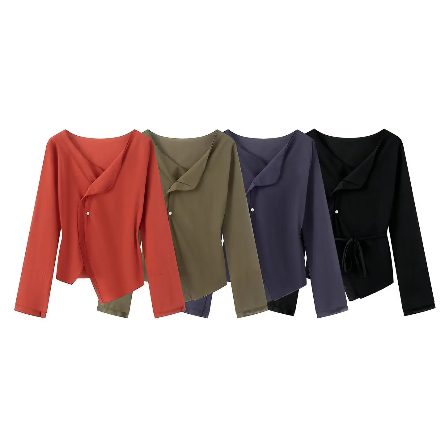 Withered European And American Versatile Button Up Women's Lace Up Irregular Long Sleeved Shirt V-neck Intellectual Style Top