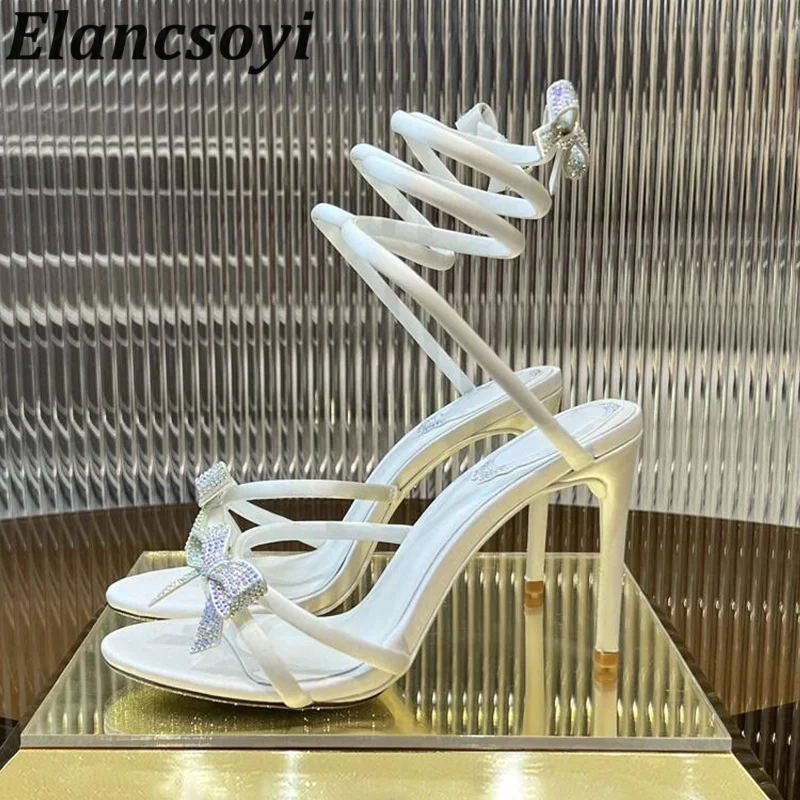 Dress Shoes Women Rhinestone Bow Thin Heels Gladiator Sandals Summer Ankle Snake Shaped Winding High Heels Sandalias Party Shoes