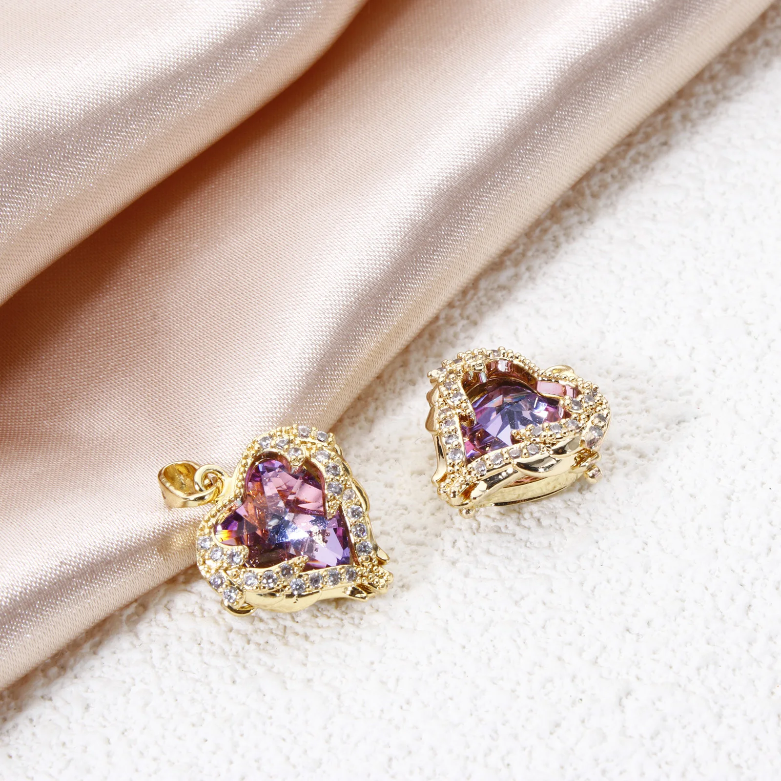 2 PCs Brass & Glass Valentine's Day Charm Pendant 18K Gold Plated AB Rainbow Color Heart Clear Cubic Zirconia 21mm x 16mm