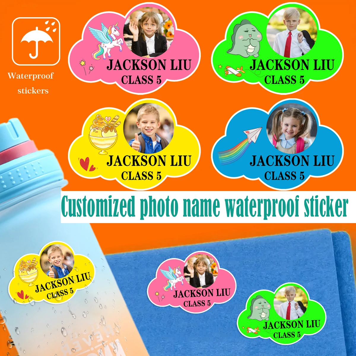 Customized children\'s photo name stickers, personalized cloud-shaped primary school kindergarten label stickers,waterproof ZP1